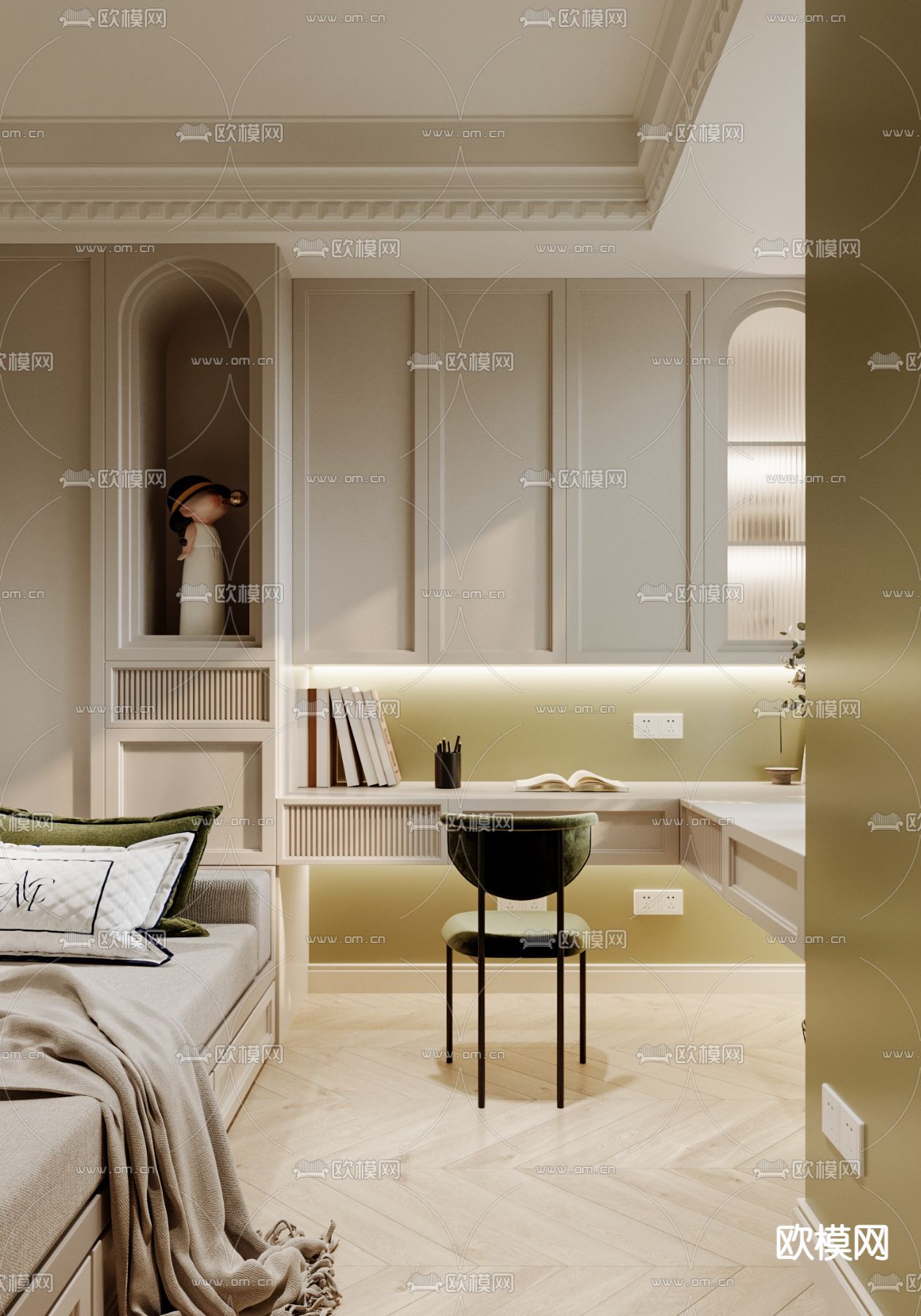 法式榻榻米卧室 书房su模型下载（渲染图1）