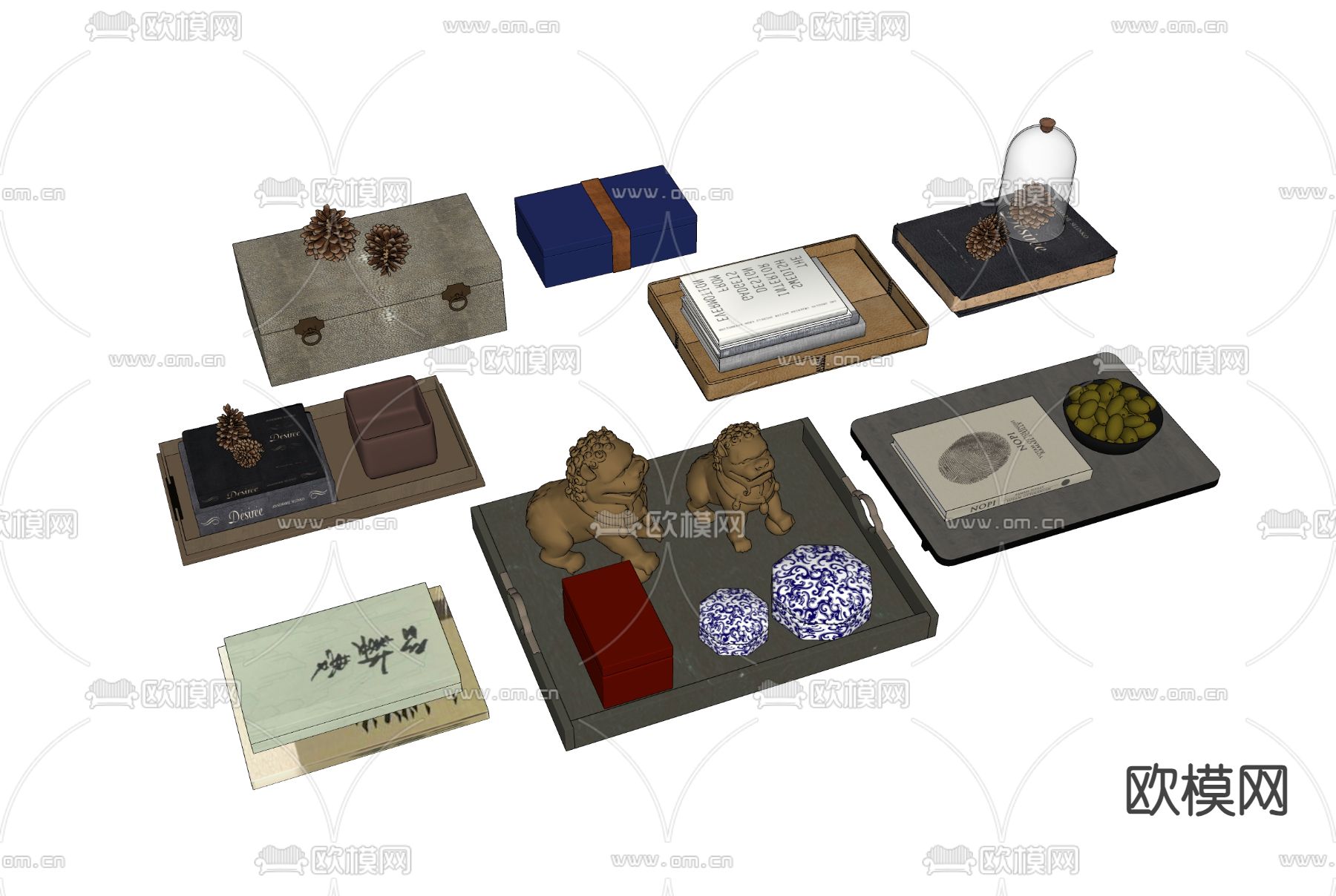 新中式托盘摆件 装饰品 书籍su模型下载（渲染图1）