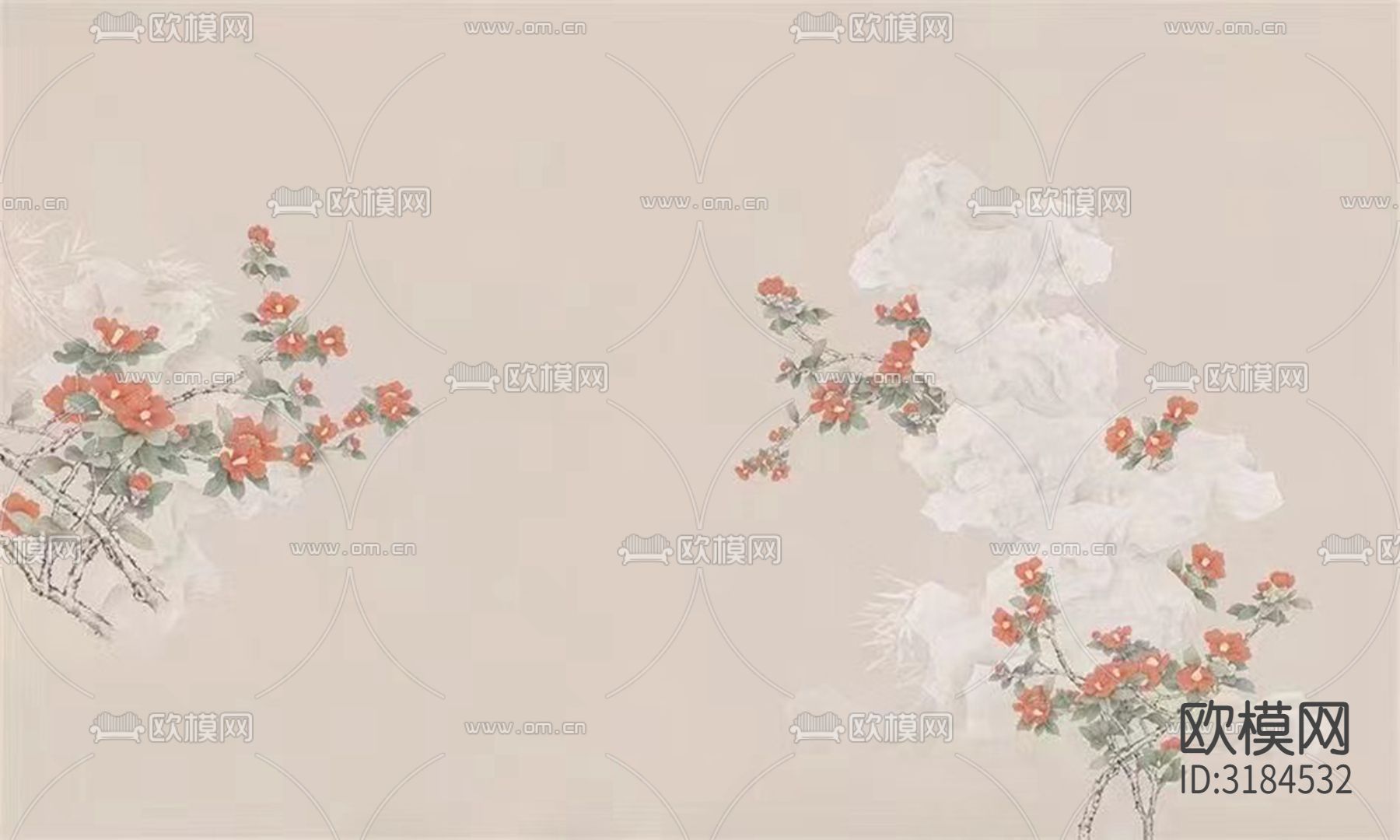 新中式彩绘壁纸工笔画下载（渲染图4）