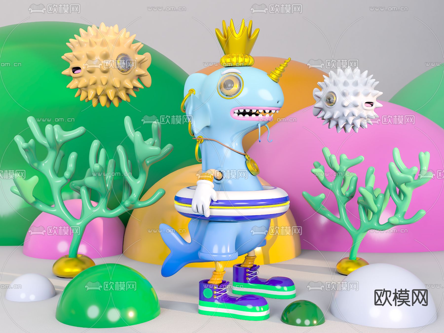 Q版鲨鱼潮玩 海底雕塑 卡通摆件3d模型下载