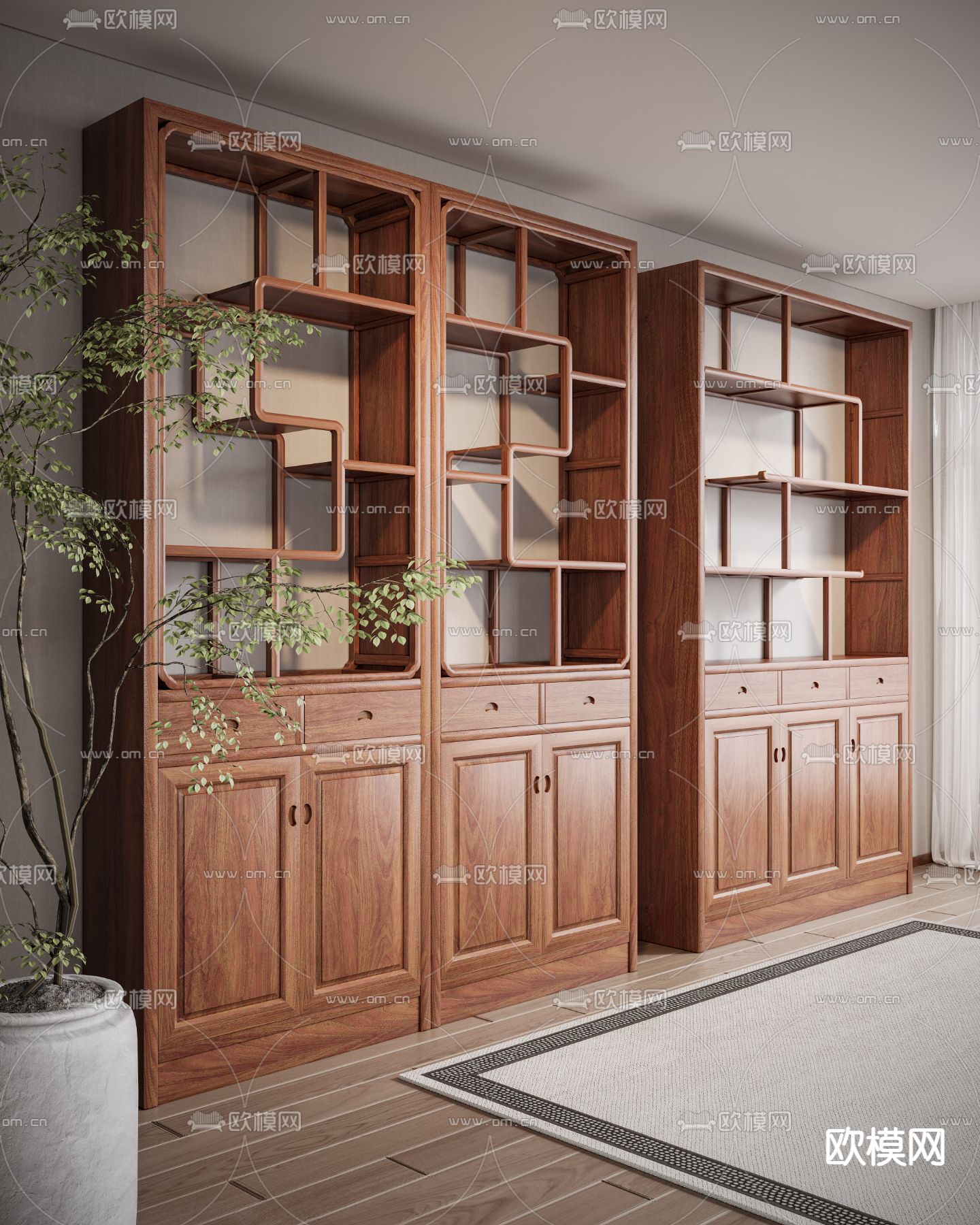 新中式博古架su模型下载（渲染图2）
