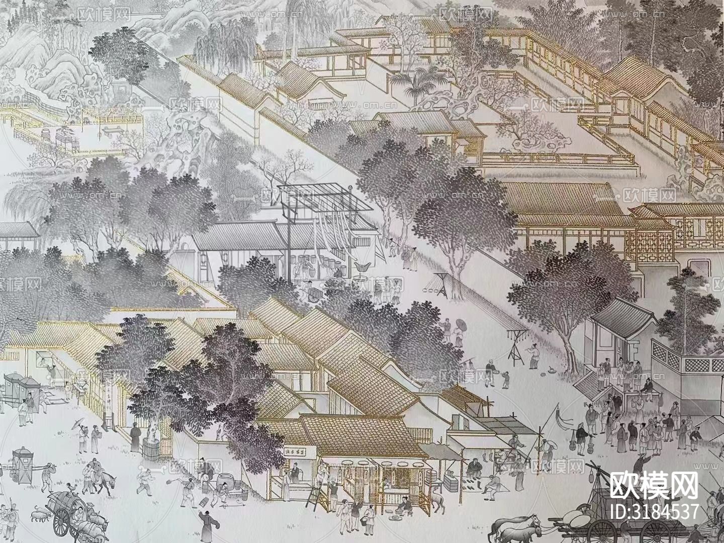 新中式清明上河图彩绘壁纸工笔画下载