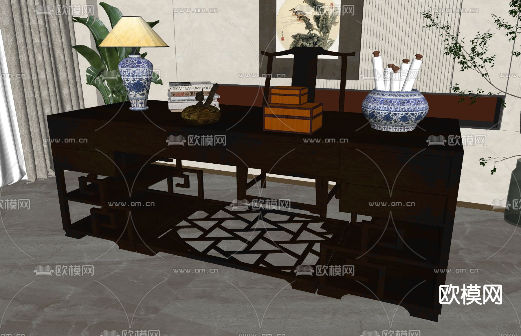 新中式书桌椅su模型下载（渲染图1）