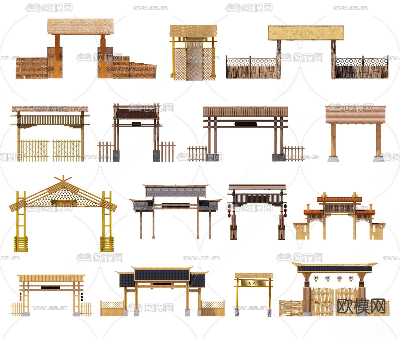 中式公园门 篱笆墙 景观门头 入口d模型下载