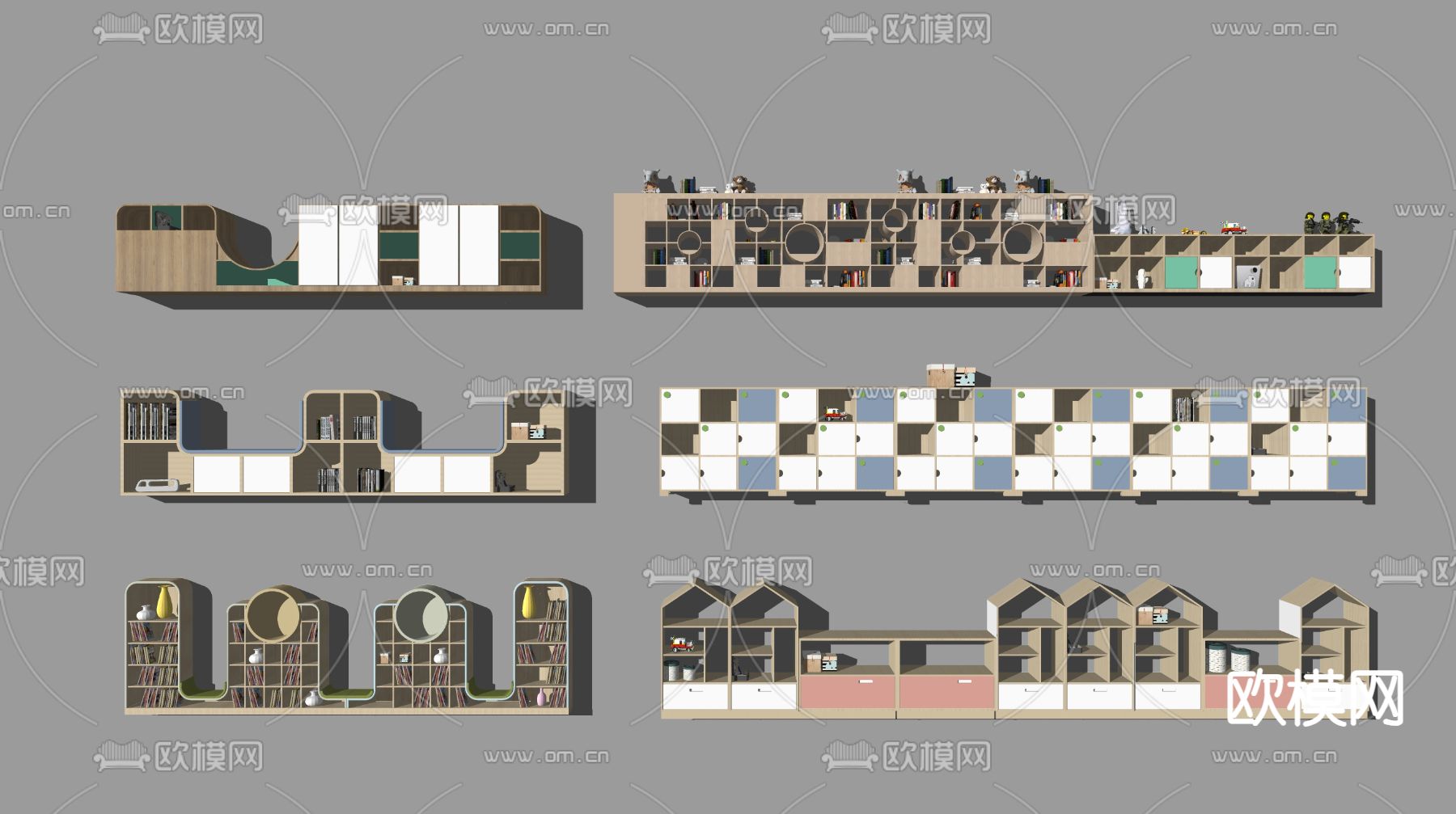 现代幼儿园书架 背景墙su模型下载（渲染图1）