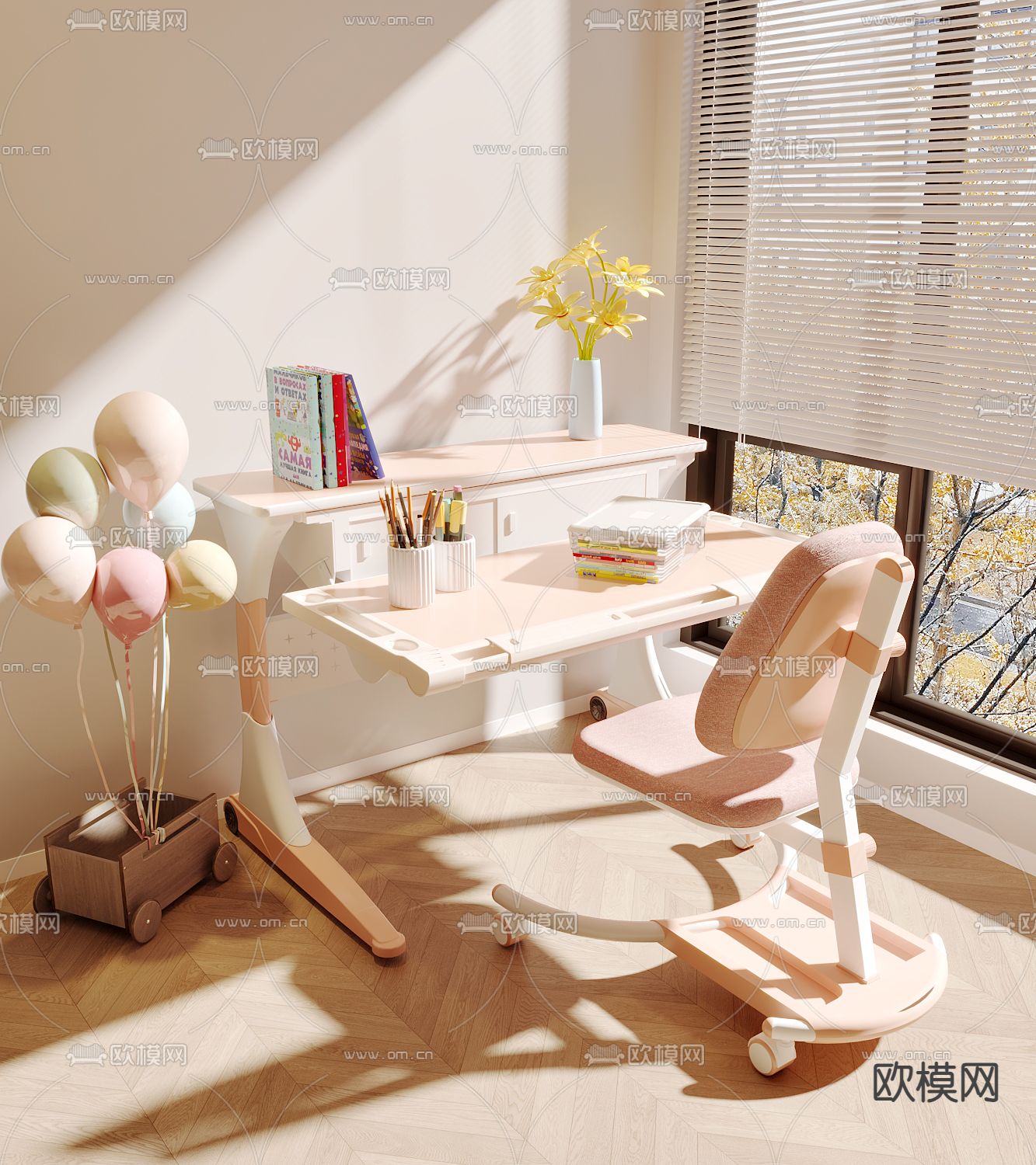 奶油风儿童桌 升降桌 学习桌3d模型下载