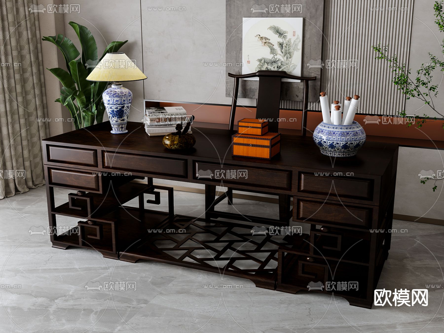 新中式书桌椅su模型下载（渲染图2）