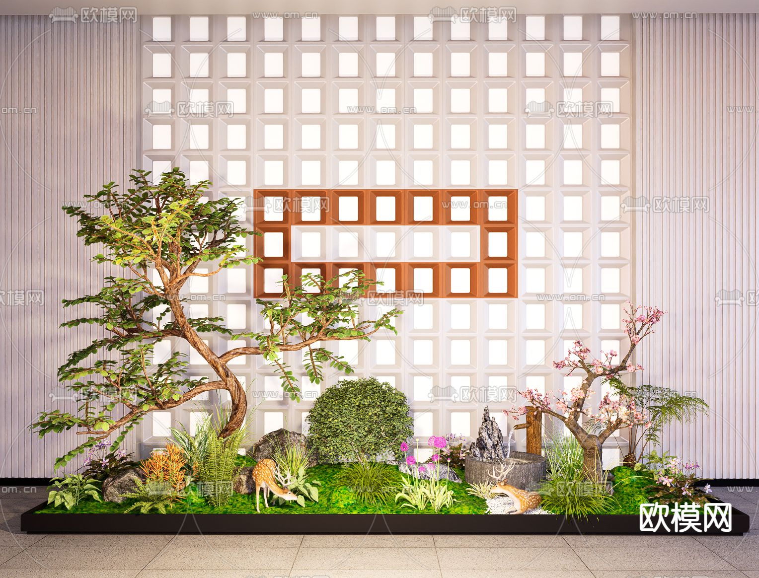 新中式景观小品 庭院小品 植物堆su模型下载（渲染图2）