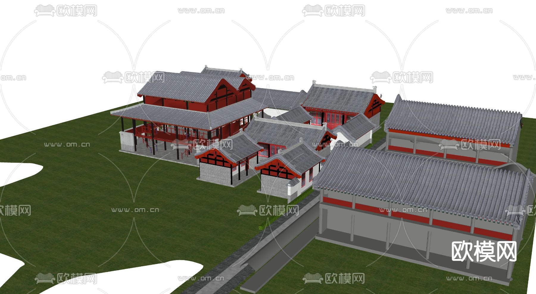 中式古街道古庙su模型下载（渲染图1）