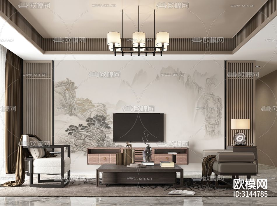 GC24039新中式 山水 松树 亭子壁纸下载（渲染图1）