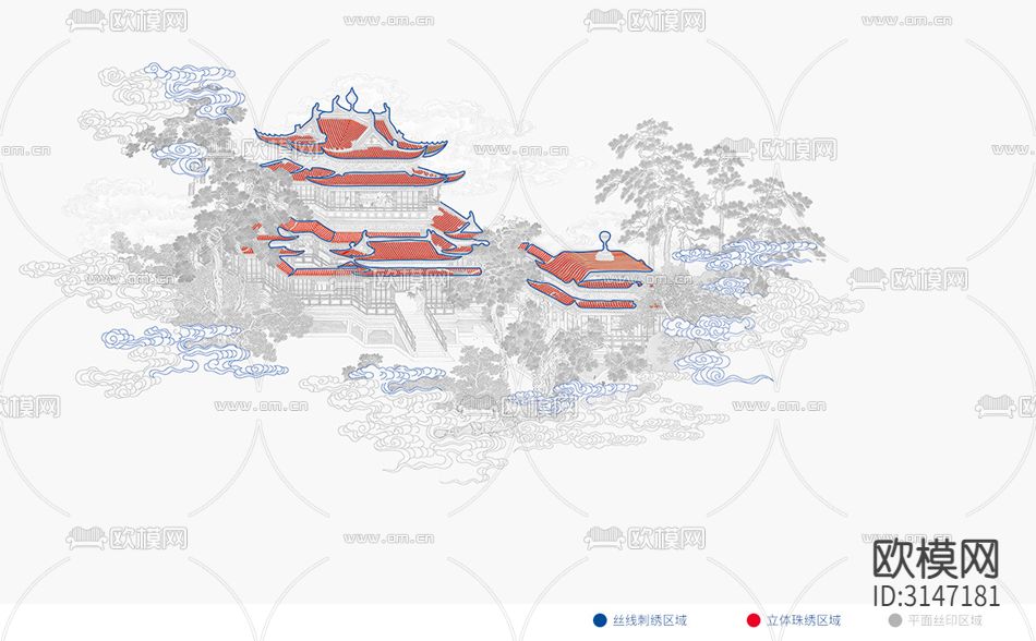 ZX24004新中式阁楼 松树 祥云 房子壁纸
