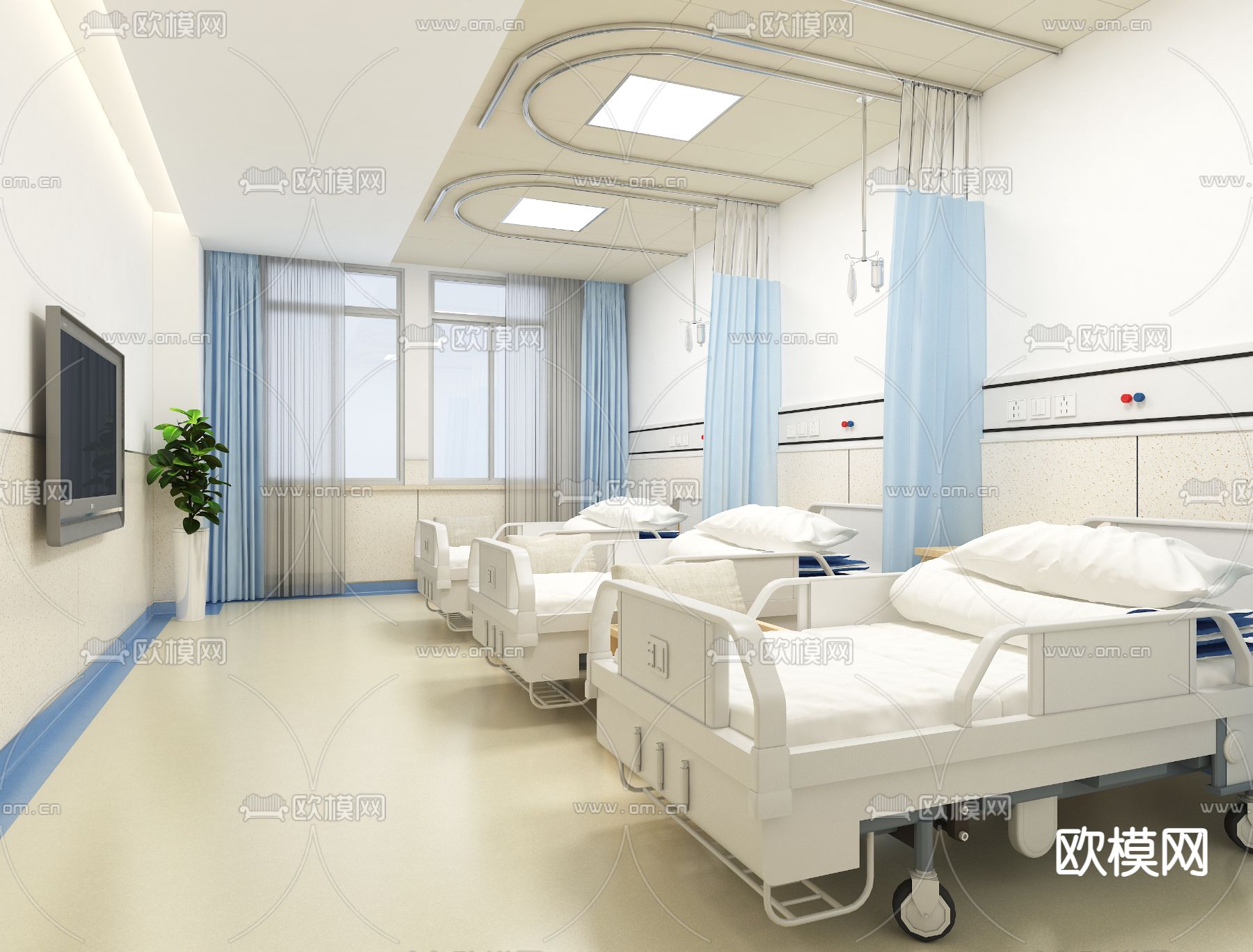 现代医院病房 三人病房su模型下载（渲染图2）