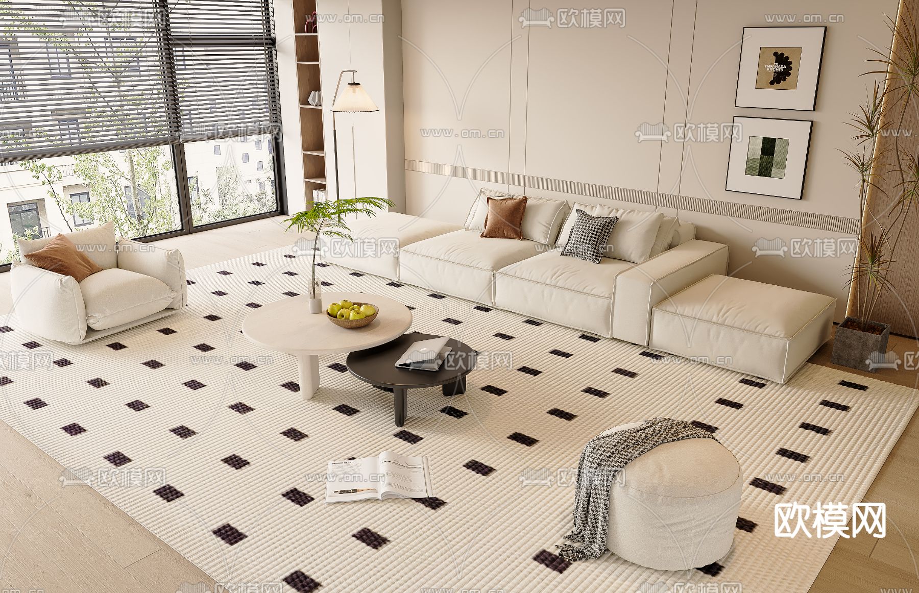 奶油风沙发 多人沙发3d模型下载