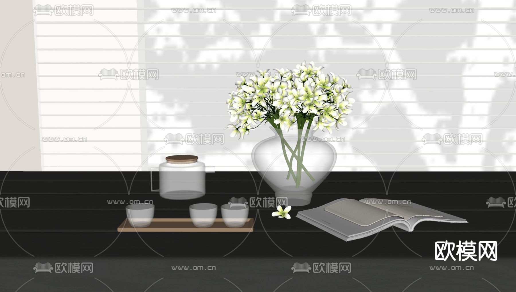 现代花瓶 茶具 茶杯 水壶 书su模型下载（渲染图1）