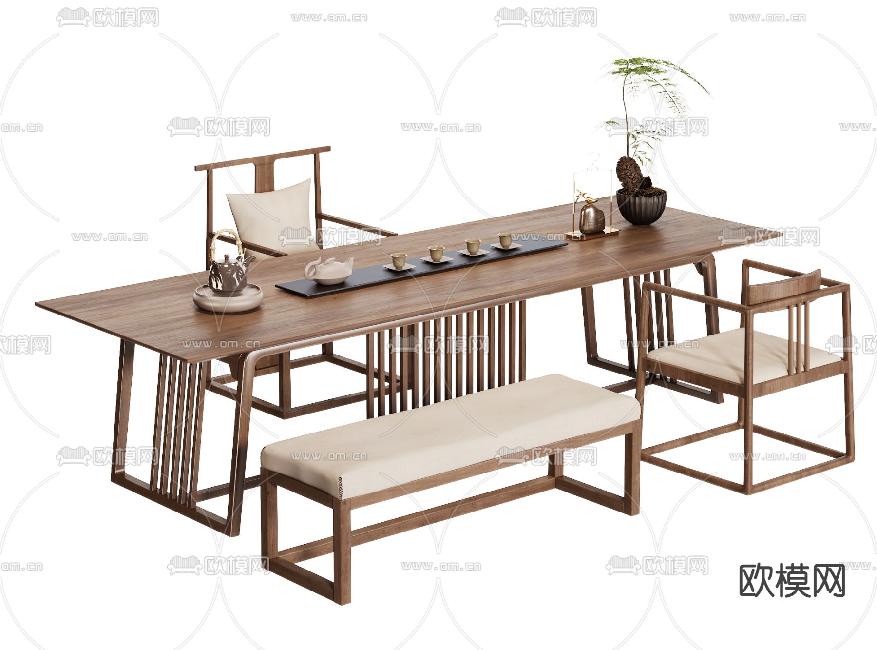 新中式茶桌椅su模型下载（渲染图1）