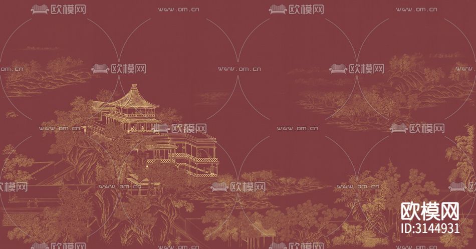GC24054新中式 阁楼 山水 人物壁纸