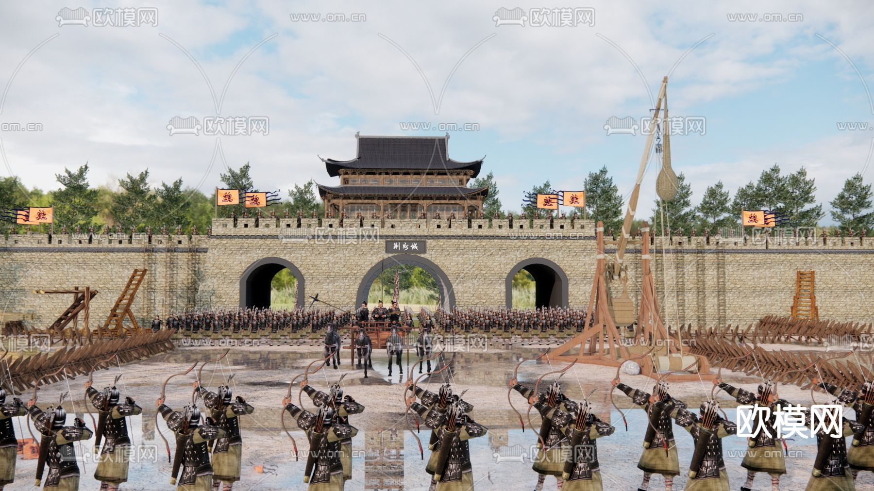 中式古城楼 投石车 拒马校场su模型下载（渲染图2）