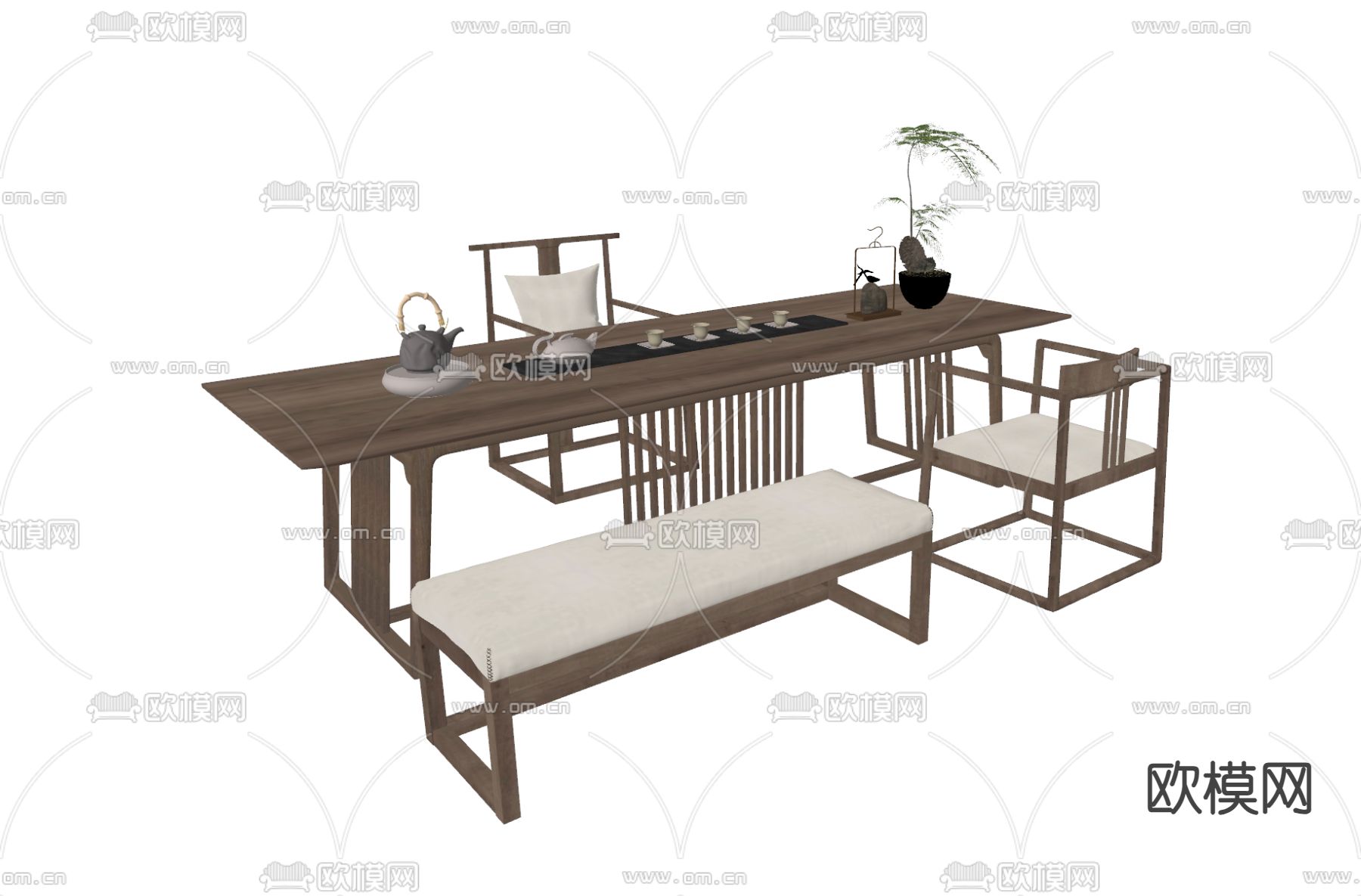 新中式茶桌椅su模型下载（渲染图2）