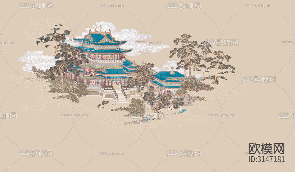 ZX24004新中式阁楼 松树 祥云 房子壁纸