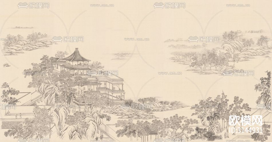 GC24054新中式 阁楼 山水 人物壁纸