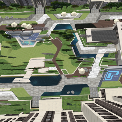  现代小区景观 公园鸟瞰su模型 