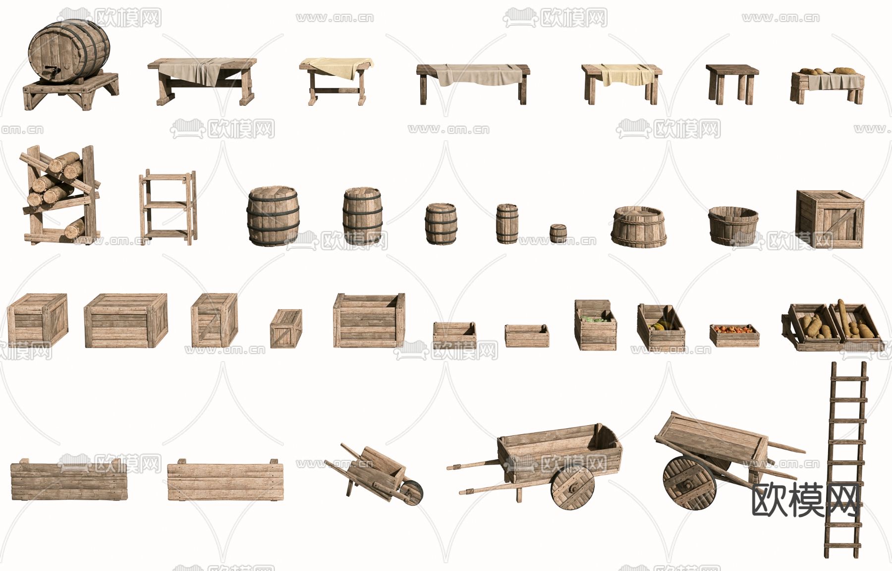 中式木箱 手推车 木梯子3d模型下载