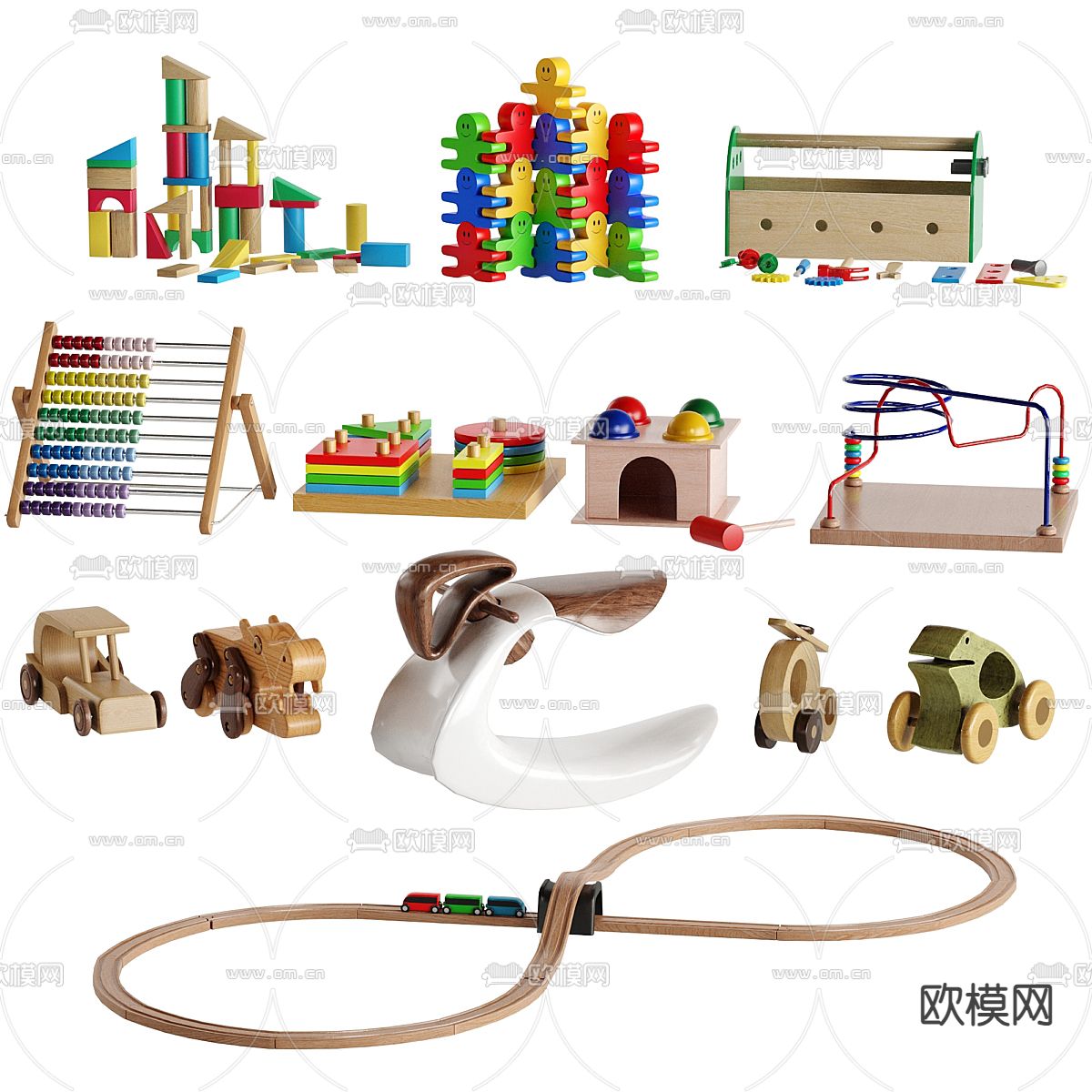 积木玩具 木马玩具 小火车3d模型下载（渲染图1）