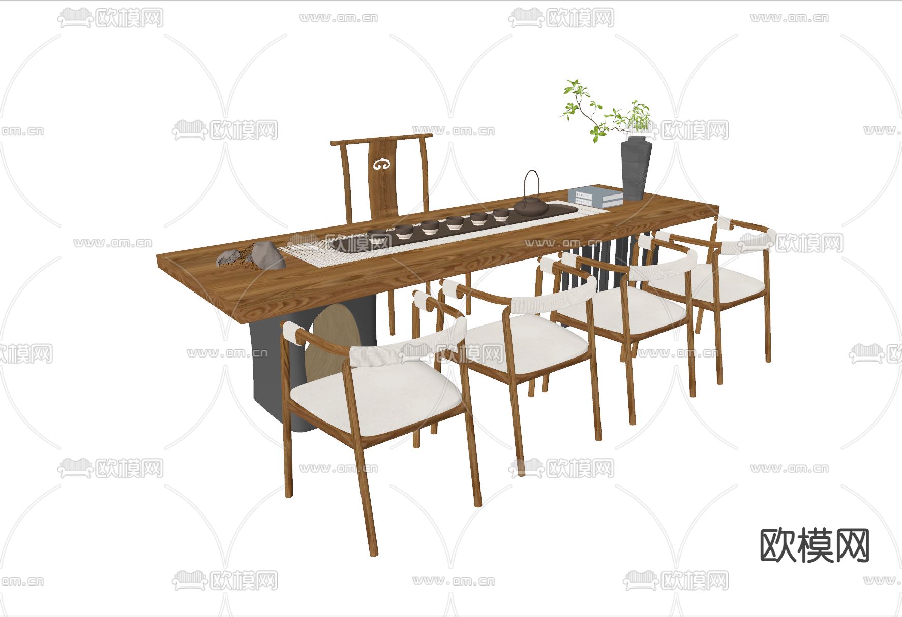 新中式茶桌椅su模型下载（渲染图2）