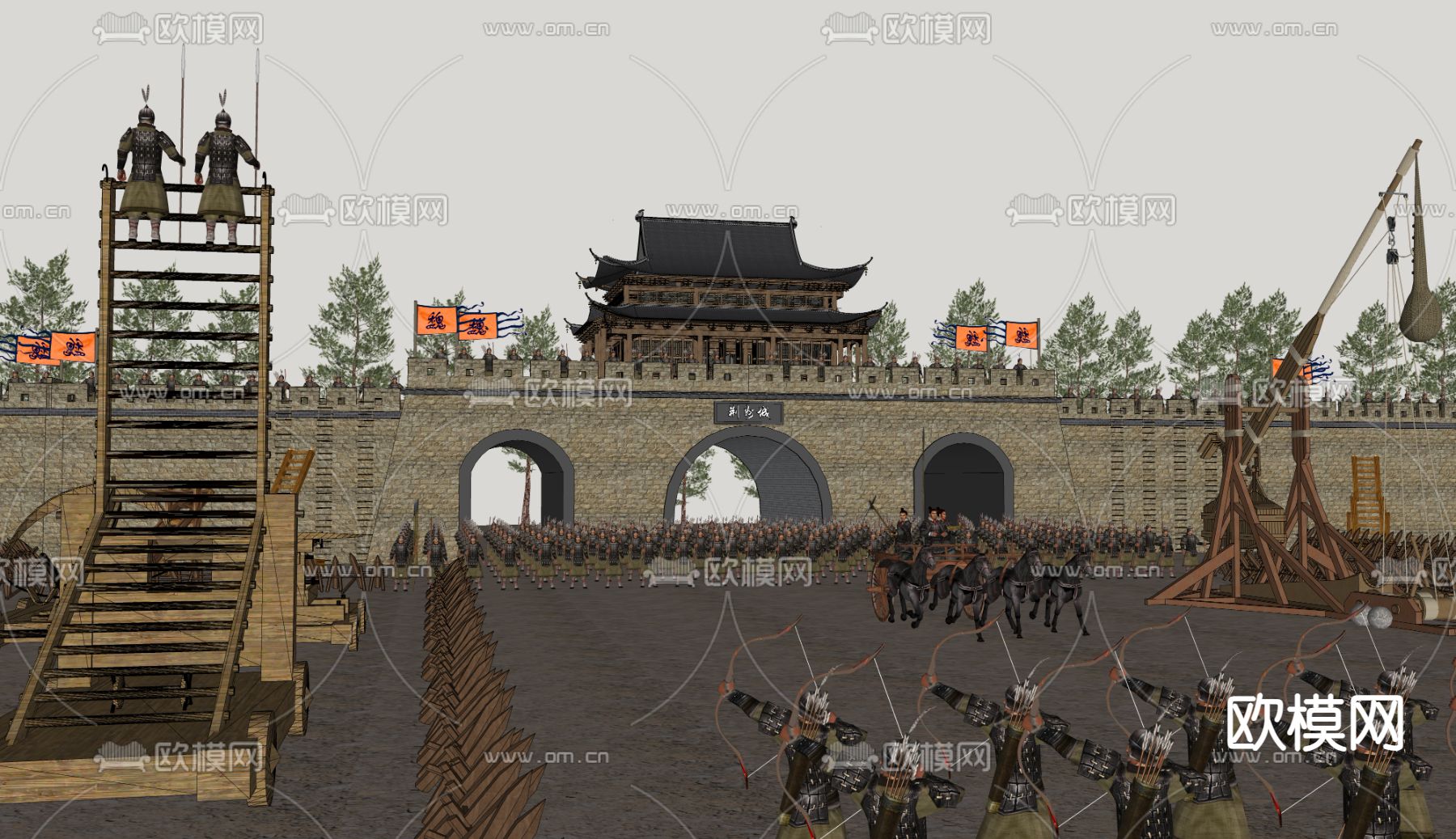 中式古城楼 投石车 拒马校场su模型下载（渲染图1）