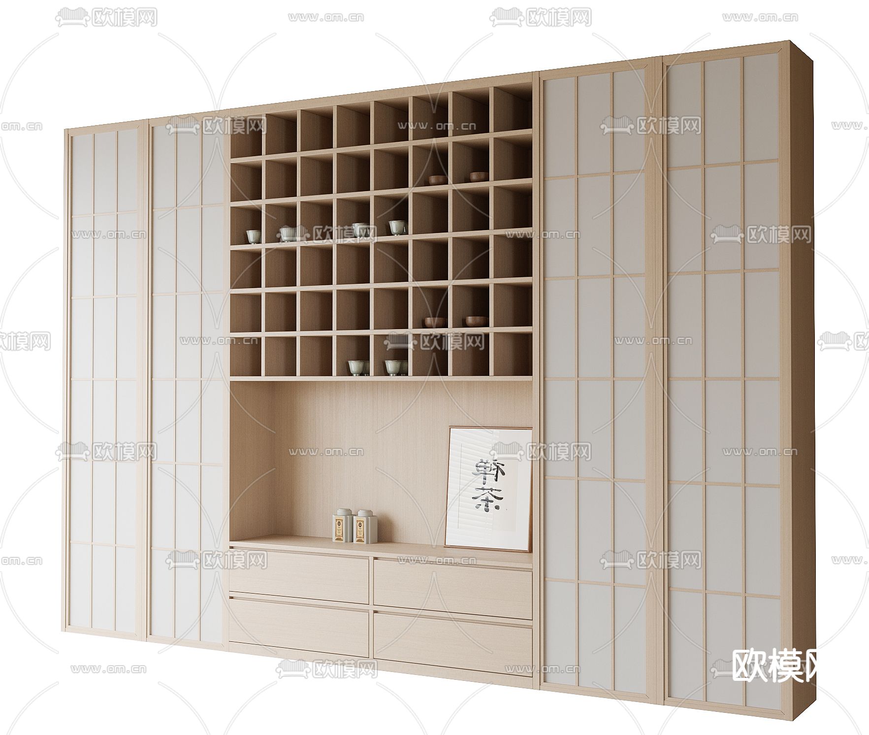 新中式书柜su模型下载（渲染图2）