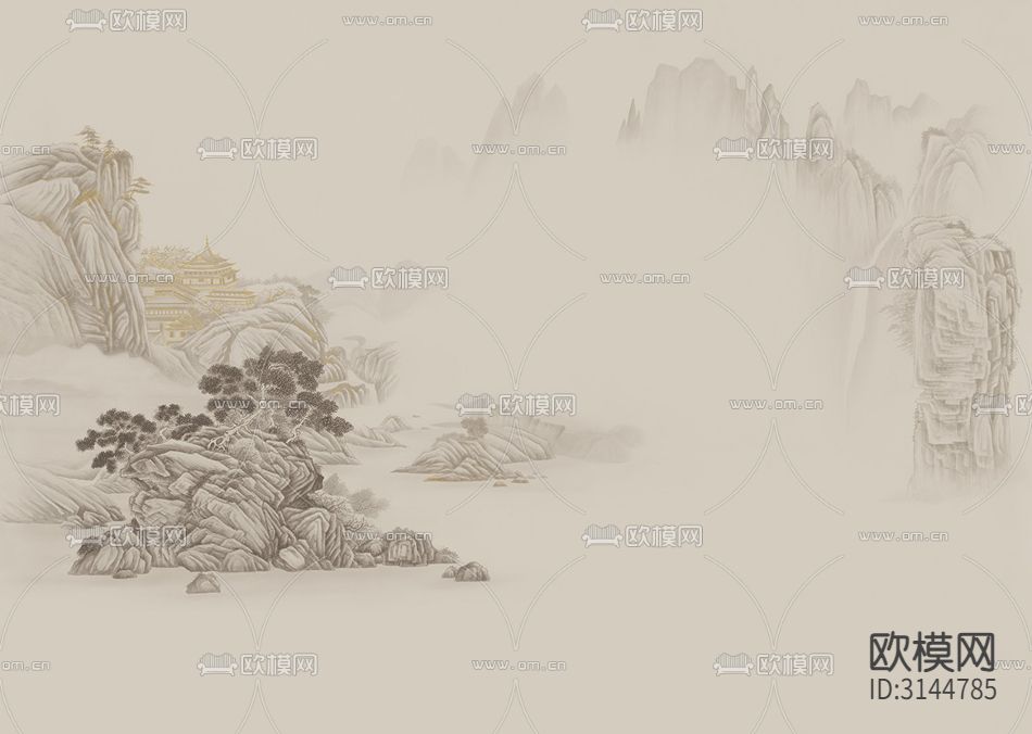 GC24039新中式 山水 松树 亭子壁纸下载（渲染图6）