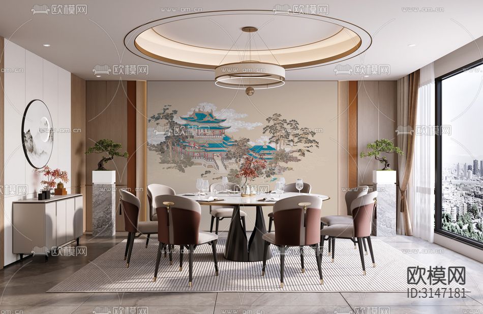 ZX24004新中式阁楼 松树 祥云 房子壁纸