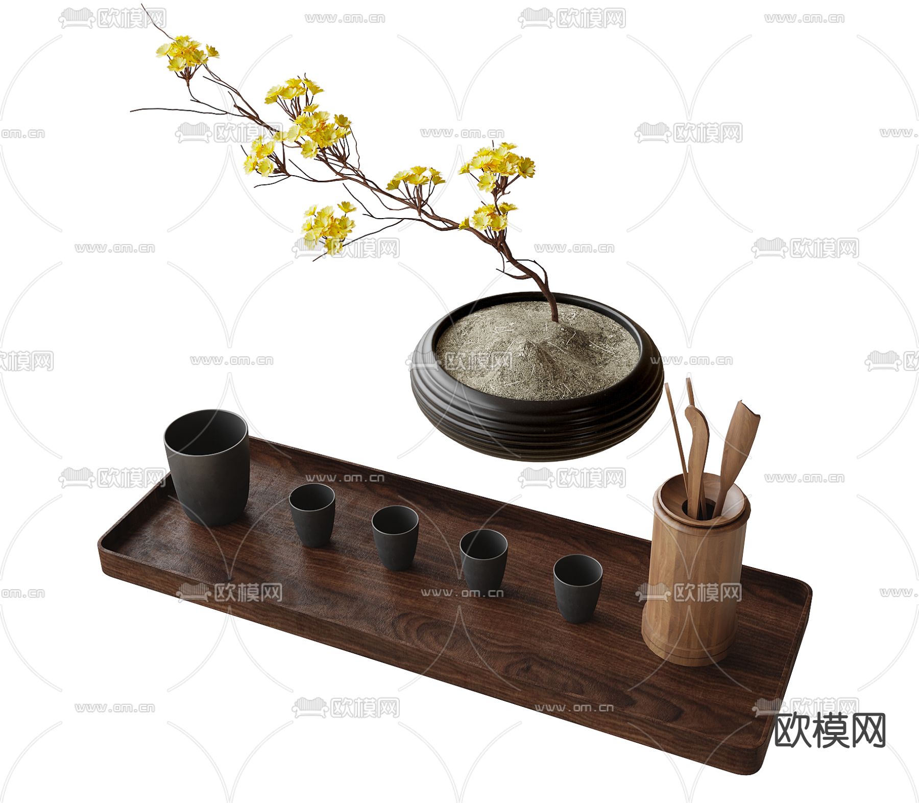 现代茶桌 茶具摆件su模型下载（渲染图2）