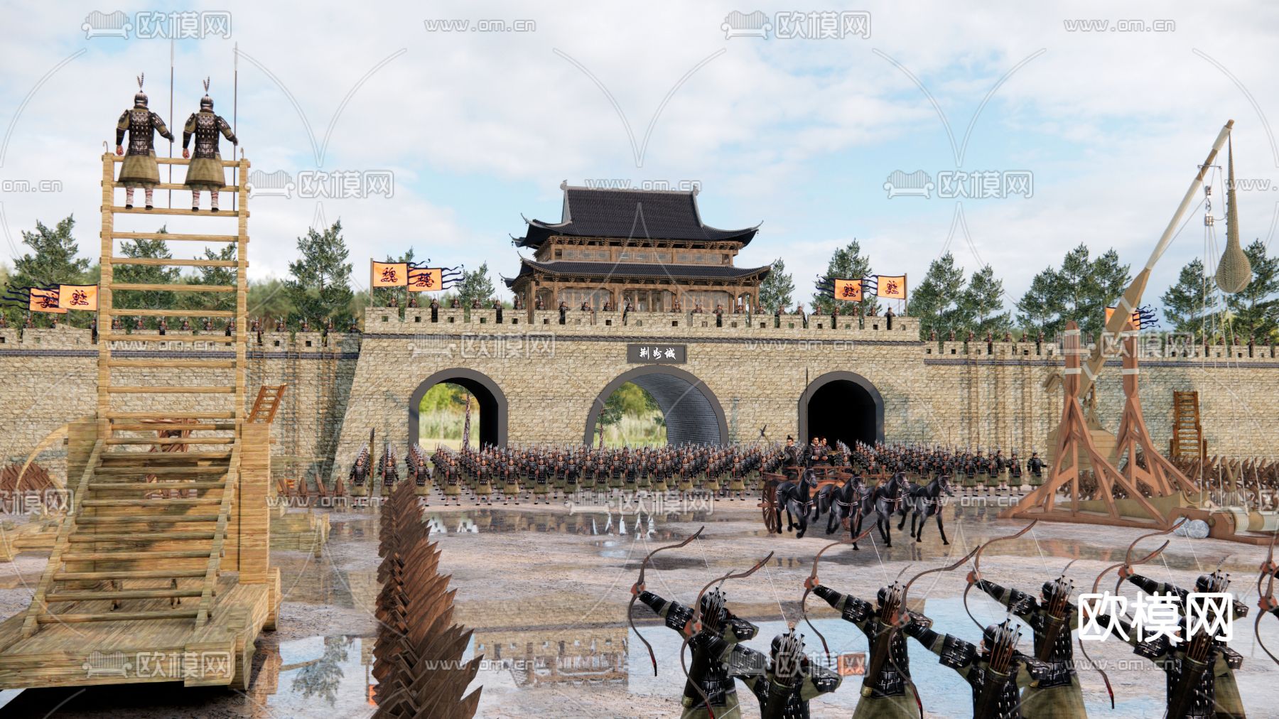 中式古城楼 投石车 拒马校场su模型下载（渲染图3）