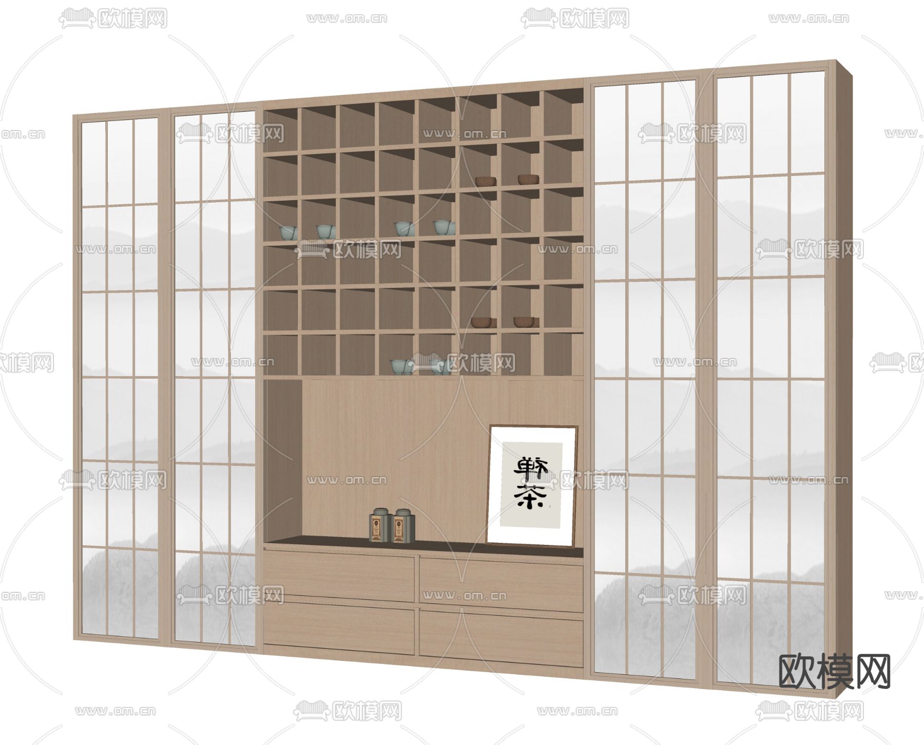 新中式书柜su模型下载（渲染图1）