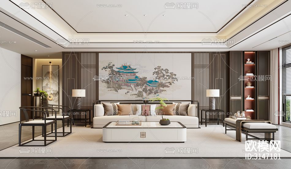 ZX24004新中式阁楼 松树 祥云 房子壁纸