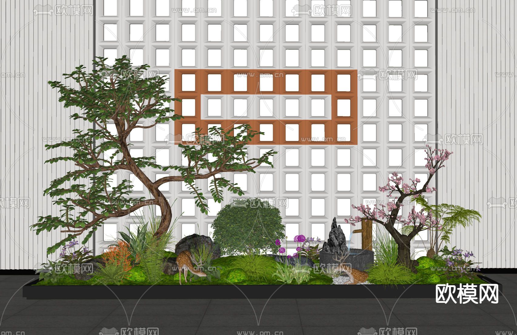 新中式景观小品 庭院小品 植物堆su模型下载（渲染图1）