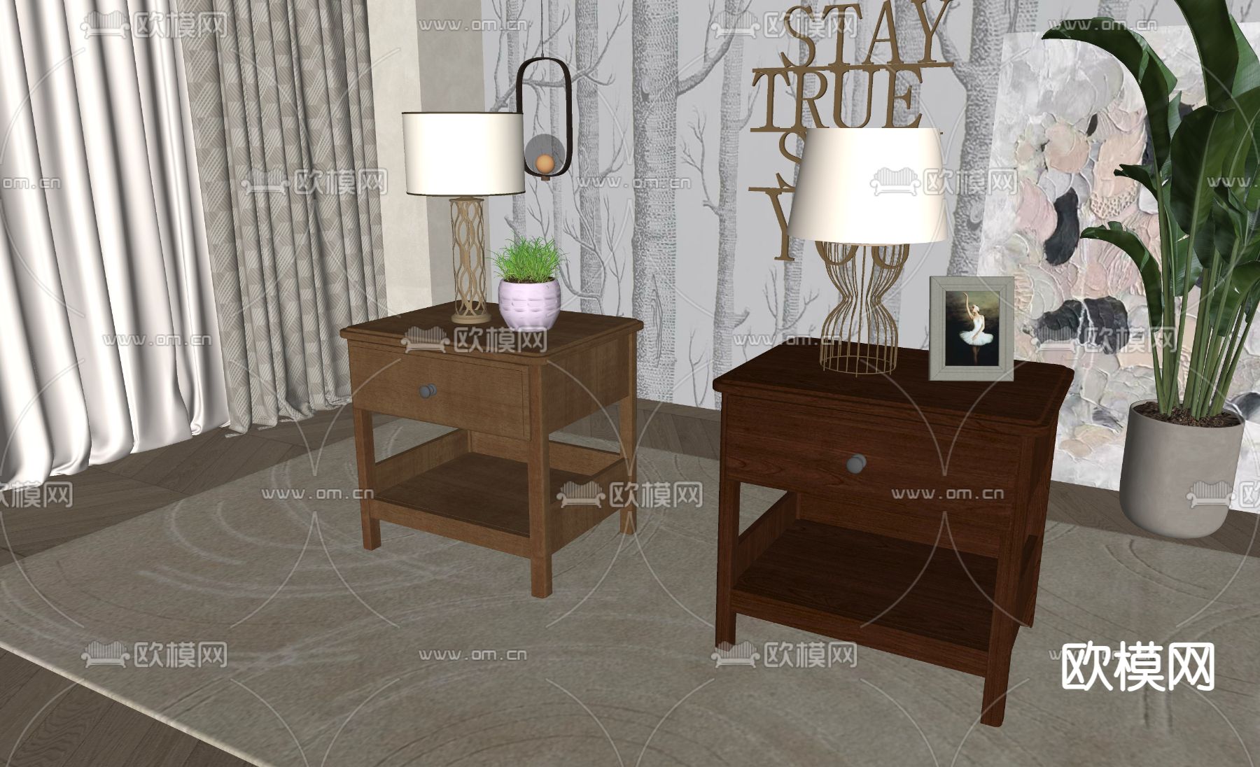 美式床头柜su模型下载（渲染图1）