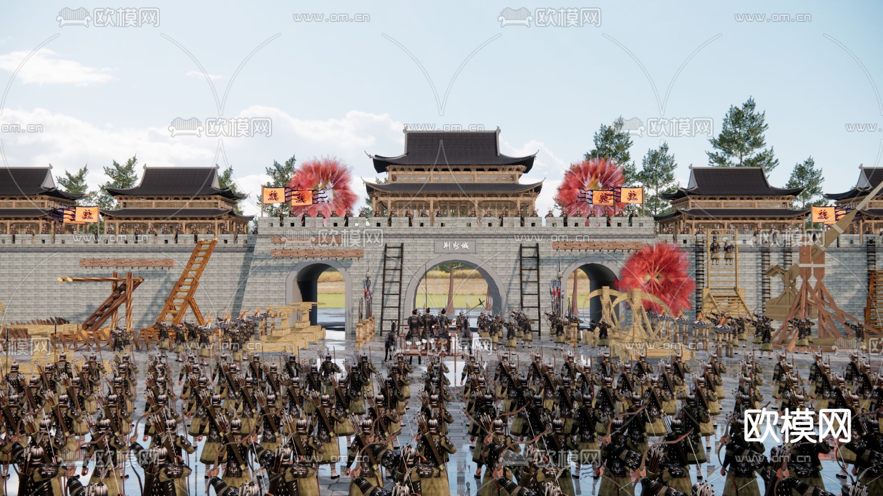 中式古城楼 战争攻城 关隘su模型下载（渲染图3）