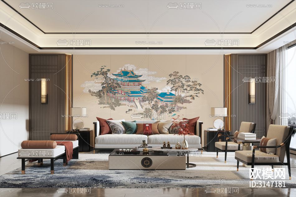 ZX24004新中式阁楼 松树 祥云 房子壁纸