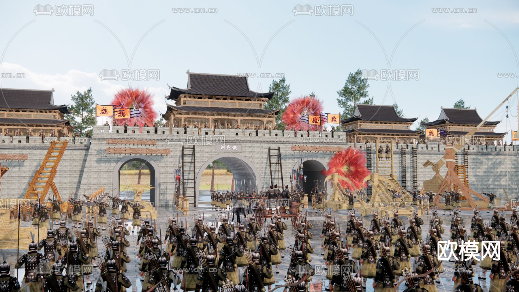 中式古城楼 战争攻城 关隘su模型下载（渲染图2）