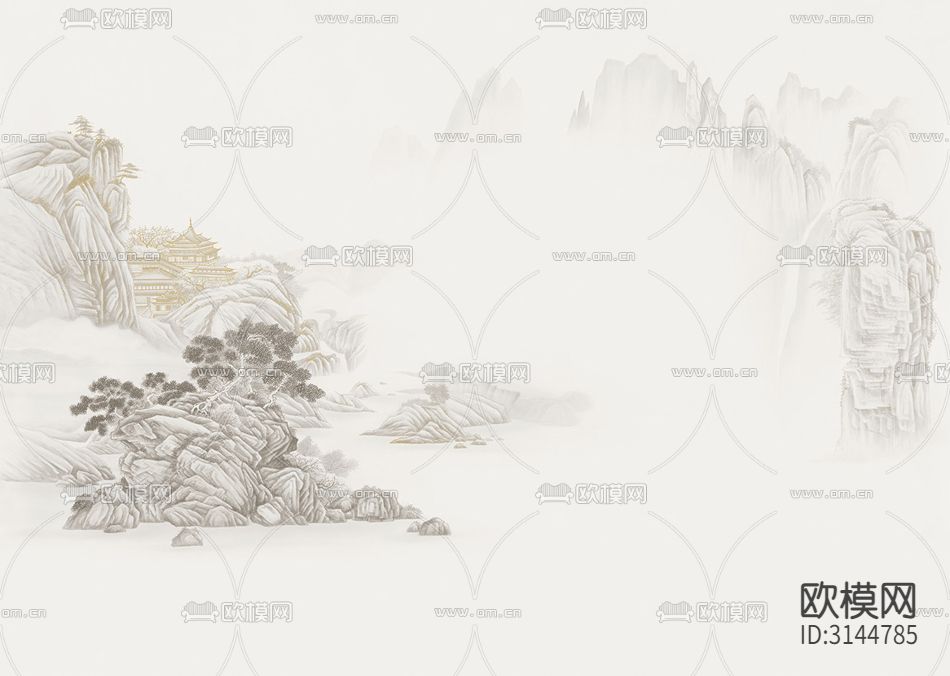 GC24039新中式 山水 松树 亭子壁纸下载（渲染图4）