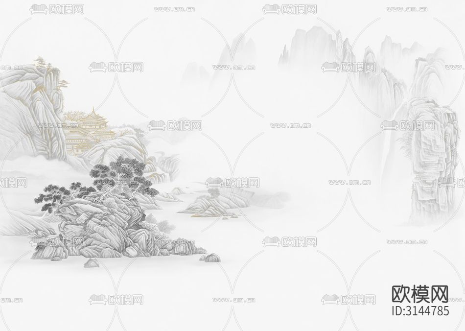 GC24039新中式 山水 松树 亭子壁纸下载（渲染图5）