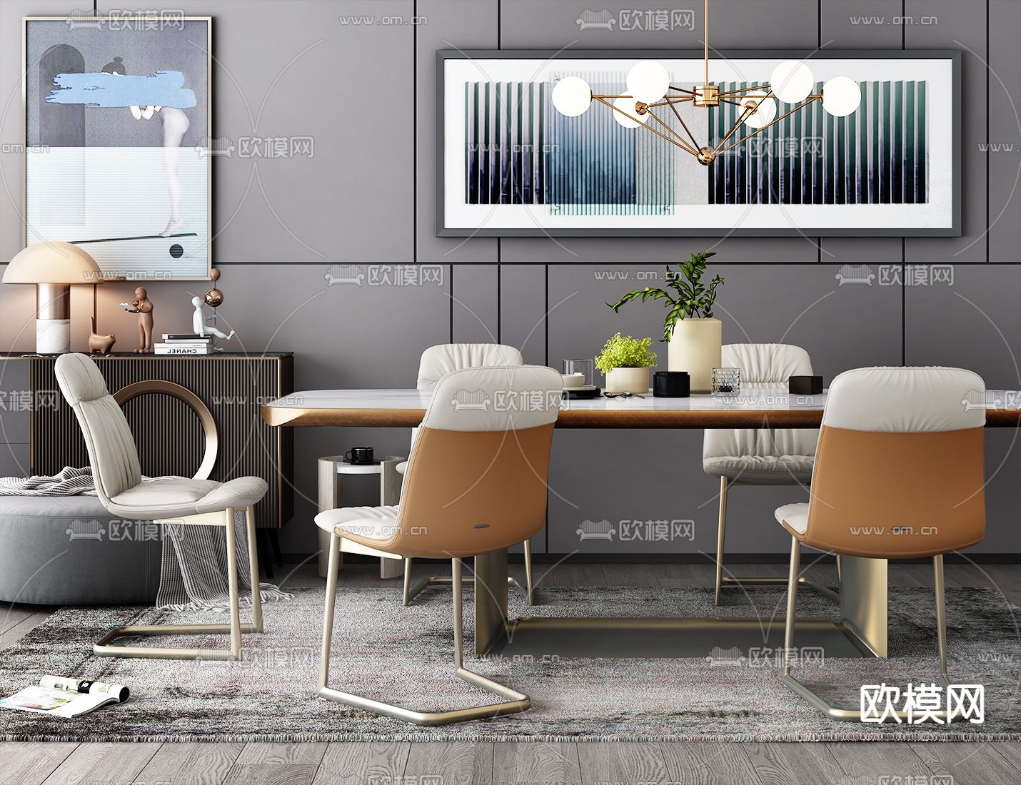 轻奢餐桌椅 条形餐桌3d模型下载