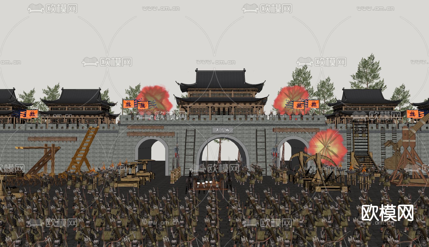 中式古城楼 战争攻城 关隘su模型下载（渲染图1）
