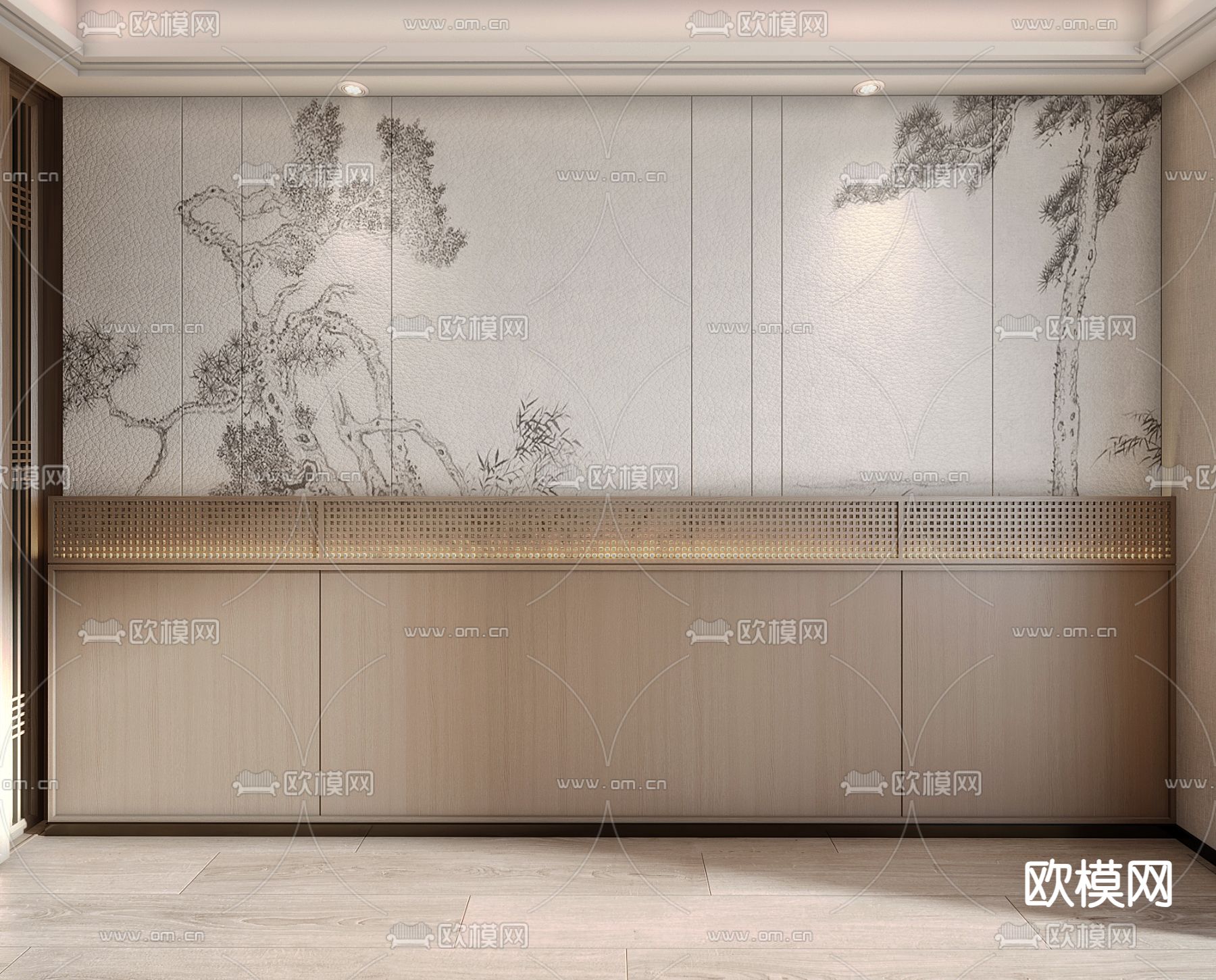 新中式背景墙su模型下载（渲染图2）