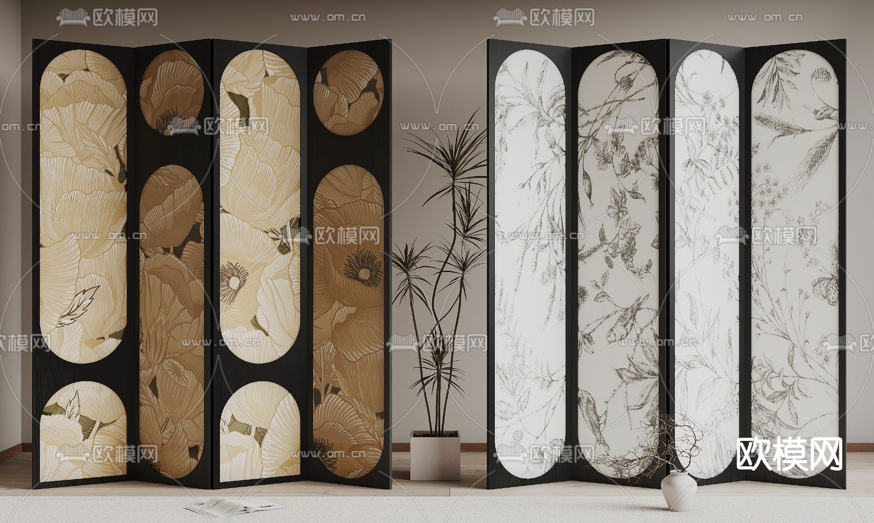 中古风屏风 折叠屏风3d模型下载