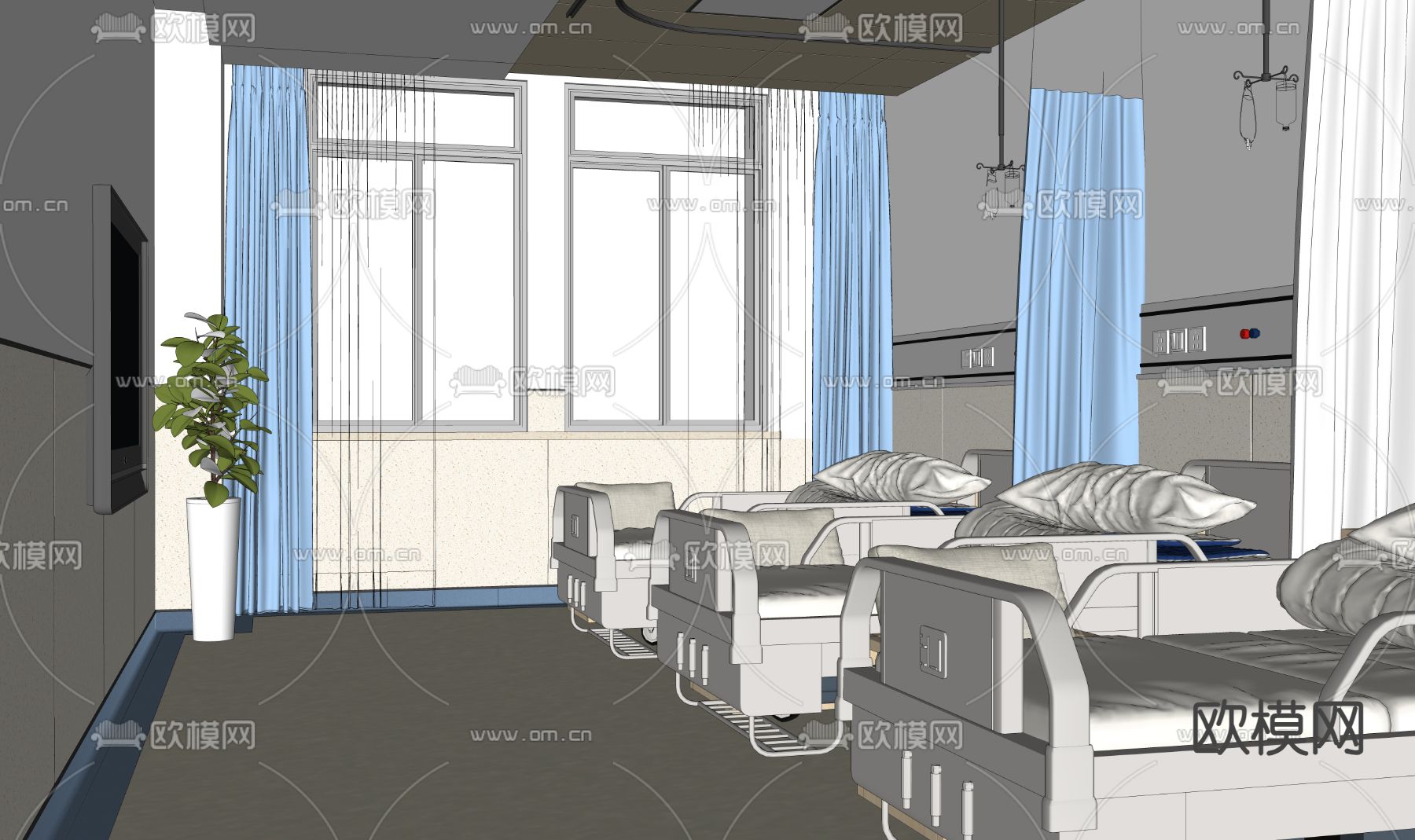 现代医院病房 三人病房su模型下载（渲染图1）