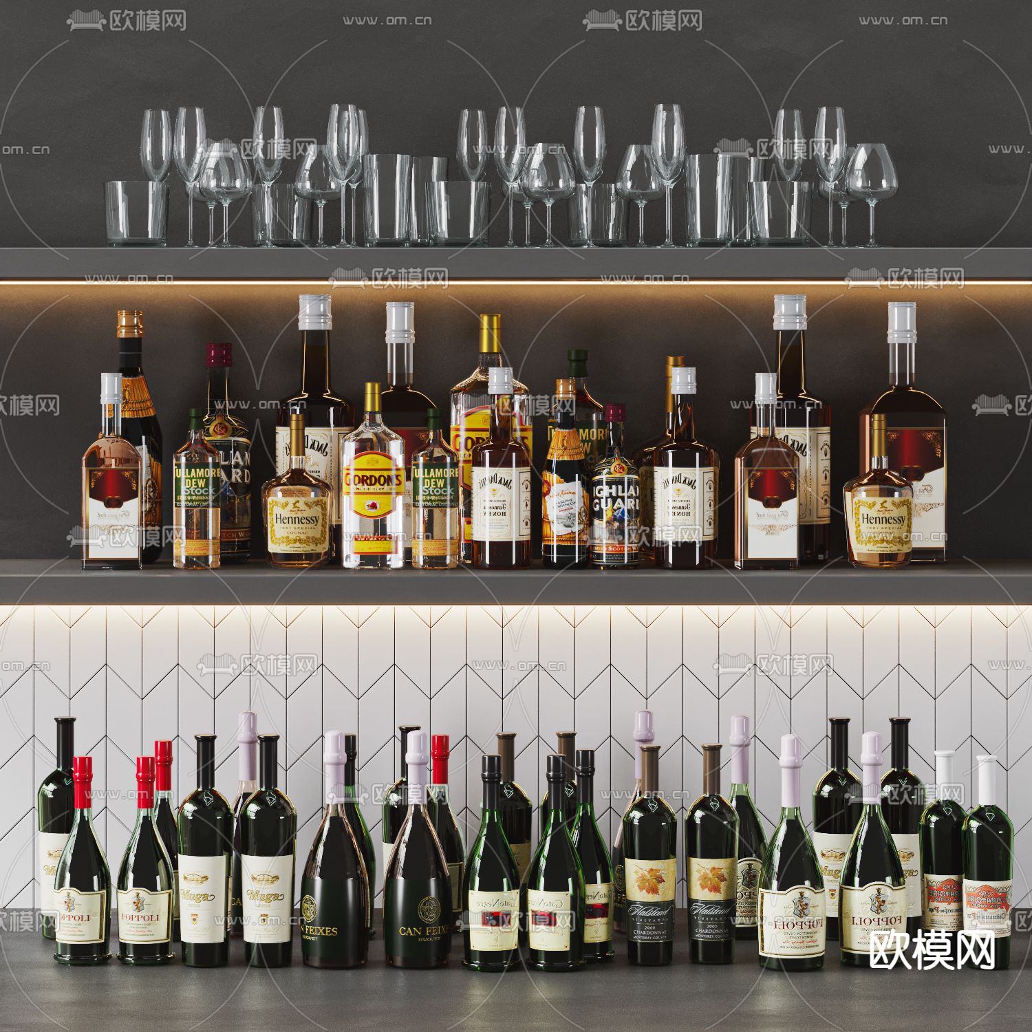 现代酒瓶 酒杯 酒具su模型下载（渲染图2）