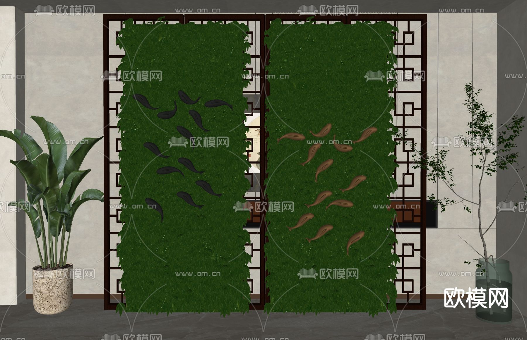 新中式植物墙 隔断su模型下载（渲染图1）